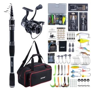 Angelset mit Teleskop-Angelruten, Angelrute Set Komplett 5.2:1 Spinnrolle (9+1 Bearing), Schnur, Köderbox und Tragetasche für Salz-/Süßwasser- Angelreisen