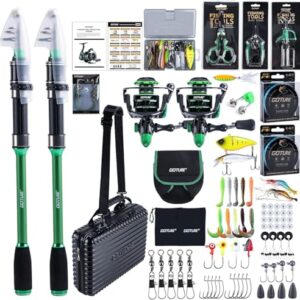 Professionelles Angeln im Salzwasser: Goture Angelset Komplett (24T Carbon) mit 2 Teleskop-Ruten aus Kohlefaser, Spinnrolle und Angelwerkzeugen sowie Rollentasche