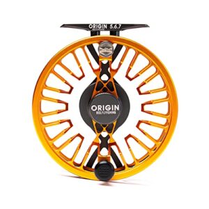 Origin II Angelrolle zum Fliegenfischen, 3/4/5 Gewicht, komplett gerahmt, wasserdichter Zug, große Laube, CNC-Maschine (Burnt Orange)