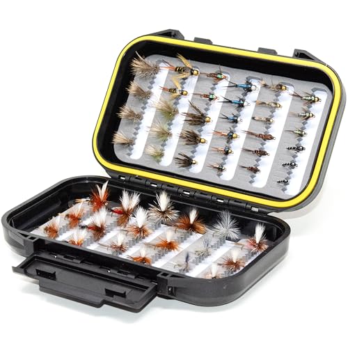 50 Premium handgebundene Fliegenfischen Fliegen Sortiment, enthaltend Trocken-, Nass-, Nymphen- und Luftschlangenfliegen sowie wollige Bugger und terrestrische Fliegen für Forelle und Barsch.