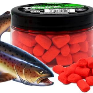 Forelle mit Angel-Berger Magic Baits Marshmallow Köder, intensiver Aroma und knallige Farben für Forellenteil.