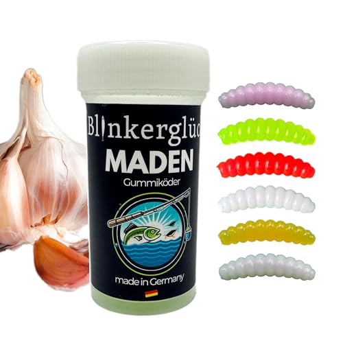 Blinkerglück Angeln Kunstköder-Maden 2cm - 50 Stück in praktischer Kunststoffdose mit Knoblaucharoma (Farbmix (teilweise UV-Aktiv)) - Kunstliche Angelköder für Forelle und andere Fische