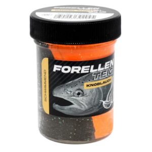Forellenteig in schwarzer und orangefarbener Verpackung, enthält Knoblauch, ideal für Angeljagd auf Forellen, 50g