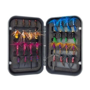 Fliegenfischen Fliege Set, 32/48/64 doppelseitige Forelle Barsch Angel, mit Fliegen Box und Trocken Nass Fliegen für Forell Fisch Barbe Steelhead