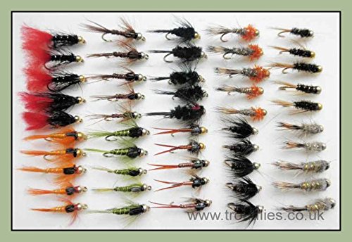 Goldkopf Nymphe Forellenfliegen, 50 Stück, 10 Sorten, gemischt 10/12, Fliegenfischen, hochwertige Qualität, optimale Auffangwahrscheinlichkeit, perfekt für Forellenseen, Fliegenfischer