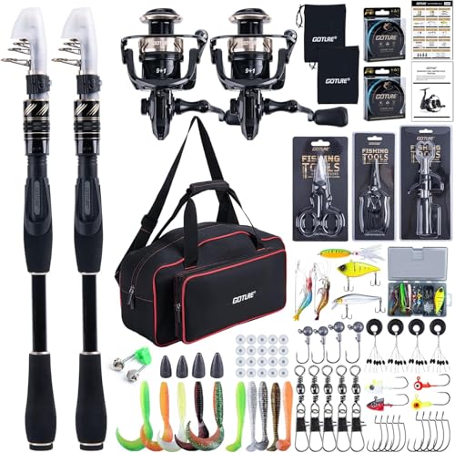 Goture Angelset mit 2 Teleskop-Angelruten, komplette Ausrüstung für Salz- und Süßwasserausflüge, Reisen und Angelgeschenk