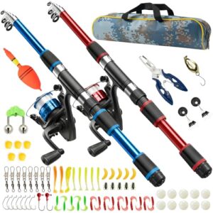 Angelset für Kinder, 2 Stück 1,8m Teleskop Angelruten mit Spinnrolle und Schnur, kompletter Angelkoffer mit Ködern und Zubehör für Süßwasser & Salzwasser