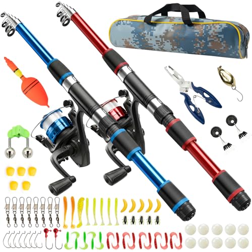 Angelset für Kinder, 2 Stück 1,8m Teleskop Angelruten mit Spinnrolle und Schnur, kompletter Angelkoffer mit Ködern und Zubehör für Süßwasser & Salzwasser