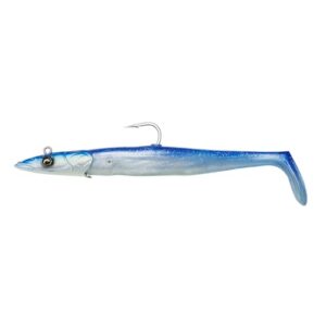 Gummifisch Savage Gear Sandeel V2-2 mit Jigkopf, 18cm lang und 86g schwer, in Blau-Perl-Silber Farbe