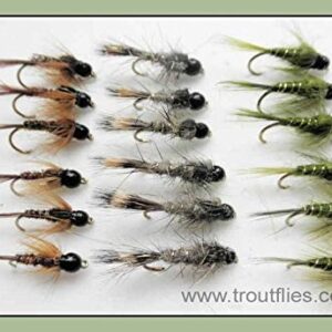 Hochwertige Tungsten Perlen Fliegen für Forelle, 18 verschiedene Motive, Oliven, Hasenohren und Fasanenschwanz