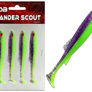 Zander Scout Gummifisch Shad Zanderköder in UV Purple Chartreuse 10cm Größe, fängige Gummifische für Zander und Karpfenarten