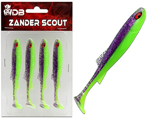 Zander Scout Gummifisch Shad Zanderköder in UV Purple Chartreuse 10cm Größe, fängige Gummifische für Zander und Karpfenarten