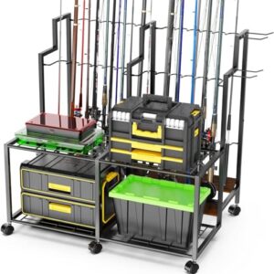 Emfogoo Angelrutenhalter für Garage mit Rollen: 24 Ruten Kapazität + Angelzubehör Aufbewahrung, ideal für Angler und Fischereistruppen