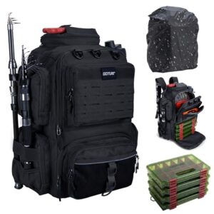 Angelrucksack mit 4 Köderboxen, 45-Liter Angelzubehör-Rucksack mit Zwei Rutenhaltern und Regenschutz, Wasserabweisender Rucksack für den Angler