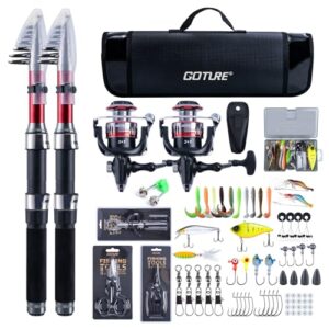 Goture Angelset mit 2 Teleskop-Angelruten, 1,8m Angelrute Set Komplett 2 5.2:1 Spinnrolle, Angelwerkzeug-Set, Köderbox & Tragetasche für Salz-/Süßwasser, Reisen–Angelgeschenk