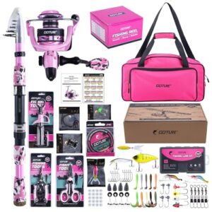 Goture Angelset mit Teleskop-Angelrute, Spinnrolle, Angelschnur und Zubehör für Anfänger und Profis, pink farbiges Set