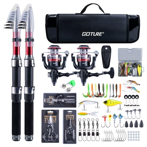 Goture Angelset mit 2 Teleskop-Angelruten, 1,8m Angelrute Set Komplett 2 5.2:1 Spinnrolle, Angelwerkzeug-Set, Köderbox & Tragetasche für Salz-/Süßwasser, Reisen–Angelgeschenk