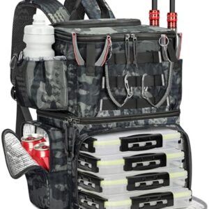 Angelrucksack mit Boxen und Rutenhalter, wasserdichter Angel Rucksack für Herren mit Kompass und Isoliertem Kühlfach