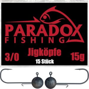 Paradox Fishing Jigköpfe Set 15x 15g 3/0 I, Jagd nach Barsch, Hecht und Zander, Gummifische, Angelzubehör