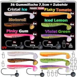 Perch Punk 7,5cm Starter Box von Paradox Fishing - 36 Gummifische + 9 Jigköpfe + 10 Snaps für Barschköder und Zanderköder