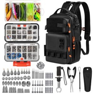 THKFISH 462-teiliges Angelwerkzeug-Set, Rucksack und Angelkasten mit Angelgerät, inklusive Köder, Haken, Senkblei, Zubehör-Set, Zange, Fischlippengreifer, Angelausrüstung und Angelgeschenk für Männer