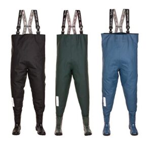 3Kamido Wathose für Jugendliche - strapazierfähige Hosenträger, Trage- und Aufbewahrungstasche, Solider Sohle, Schwarz und Grün, Denim Blau, Junior Angelns Stiefel, Matschhose