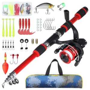 Angelset für Kinder mit Teleskop Angelruten und Rolle, komplett mit Köder und Tragetasche. Ein perfektes Geschenk für kleine Abenteurer.