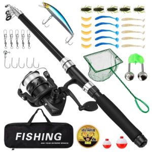 Komplettes Angelset für Anfänger mit Kohlefaser-Teleskopangel, Ködern und Kescher für Angeln in Salzwasser und Süßwasser
