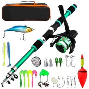 Angelset für Kinder, 1,8 m Teleskop-Angelrute mit Angelrolle und Köder Set, Angelzubehör für Kinder von 3-10 Jahren (Grün)