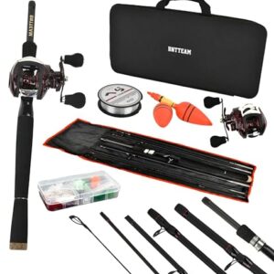 BNTTEAM Mini 19BB Baitcasting-Rolle und Ruten Kombination Spincasting-Sets aus Hartkohlefaser teleskopisch tragbare Hand Kunstköder Schnur Angelrolle für Reisen, Salzwasser, Süßwasser
