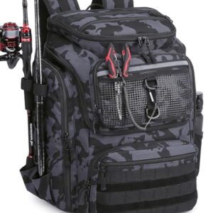 Komfortabler und praktischer Angelrucksack mit Rutenhaltern, großes Lager für Ausrüstung und Zubehör, wasserdichte PVC-Beschichtung, verstelltbares Hauptfach, angenehmes Trageerlebnis bei Wandern, Camping, Trekking und Outdoor-Sport