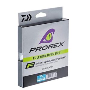 DAIWA Prorex Fluorocarbon Super Soft transparent Angelschnur für den Fischfang mit einer Länge von 50 Metern und einem Durchmesser von 0,23mm.