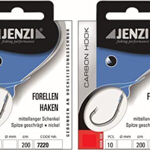 Ein Set mit zwei Packungen Forellenhaken von JENZI in verschiedenen Größen und einem extra langen Sbirolino-Messerring.