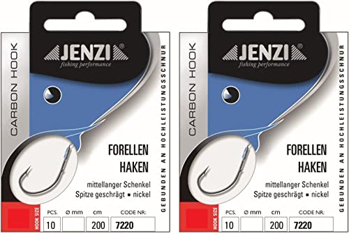 Ein Set mit zwei Packungen Forellenhaken von JENZI in verschiedenen Größen und einem extra langen Sbirolino-Messerring.