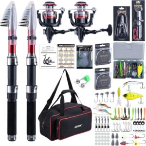 Das perfekte Angelset für jedes Angelniveau, umfangreiches Set mit Teleskop-Angelruten, Spinnrolle, Angelzange, Köderbox & Tragetasche