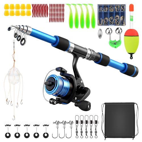 Kinderspielzeug, Angelset, Teleskopangel mit Rolle, weichen Ködern, Angelhaken und Tragetasche für Kinder
