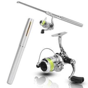 Miniature fishing rod with yellow handle and black reel, made of aluminum alloy, ideal for beginners and experienced anglers, compact and portable, suitable for various fishing methods.