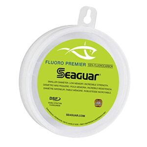 Transparentes Seaguar Unisex-Erwachsene Fluoro Premier Fluorocarbon Angelschnurvorfach mit 30lbs/50yds Stärke und gelb-grünem Design auf weißem Hintergrund