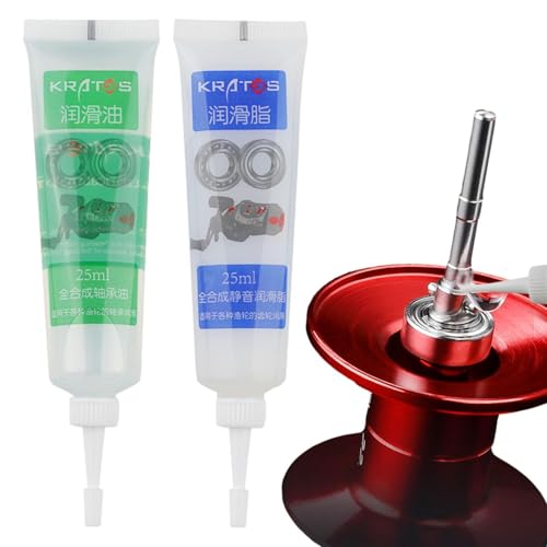 Ein 2-teiliges Rollenpflegeset mit zwei Tube und einem rot leuchtenden Pumpen, ideal für Angelrollen zum Schmieren und Pflegen, reibungslose und lang anhaltende Schmierung