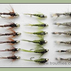 Hochwertige Forellenangeln Fliegen in verschiedenen Farben, wie Olive, Hasen Ohr und Fasan Tails, in einer 18er Packung. Ideal für Anfänger und Fortgeschrittene.