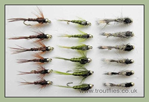 Hochwertige Forellenangeln Fliegen in verschiedenen Farben, wie Olive, Hasen Ohr und Fasan Tails, in einer 18er Packung. Ideal für Anfänger und Fortgeschrittene.