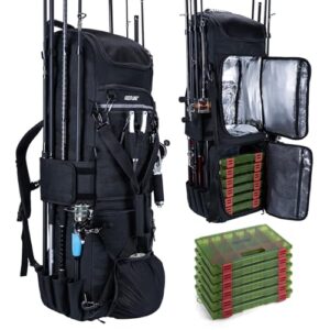 Goture Angelrucksack mit 6 Köderboxen, 116-Liter Rucksack mit Zwei Rutenhaltern und Regenschutz, Wasserabweisender Rucksack für Angler