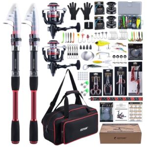 Ein umfassendes Angel-Set von Goture, das zwei Teleskop-Angelruten, eine 1,8m lange Angelrute, eine Spinnrolle mit 5.2:1 Verhältnis, Schnur, Köderbox und eine wasserdichte Tragetasche enthält.