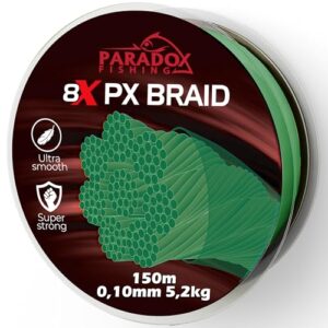 Paradox Fishing Tarngrün Angelschnur 150m - 0,10mm - 5,2kg für sicheren und effizienten Fischfang in Seen, Flüssen und Binnengewässern.