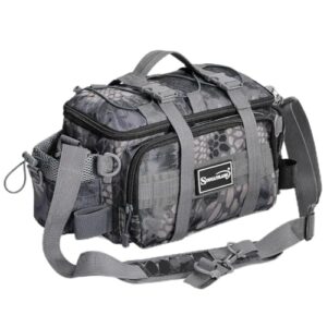 Robuste und wasserdichte Angelertasche für Salzwasser- oder Süßwasserangler, geeignet für den Transport von Angelgeräten aller Art, mit vielen Taschen und Fächern sowie einem gepolsterten Schultergurt.