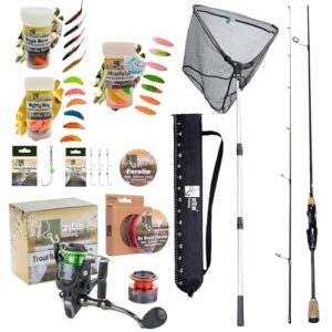 Forellen Angelset für den Forellen-Fischfang, Solid Strike UL-Rute mit 200 cm Länge und 110 g Gewicht, Trout Reel 1000 mit 3+1 Kugellagern und Frontbremse, geflochtene Schnur und gummiertes Kescher
