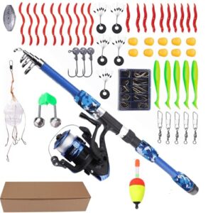 Ein Set für Kinder und Anfänger, bestehend aus einer Angelrute, Luren und anderen Angelzubehörteilen. Ideal für Parkbesuche, Ausflüge, Camping und weitere Outdoor-Aktivitäten.