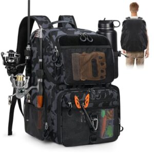 RAINSMORE Angelrucksack mit Rutenhalter 45L Angeltasche für Herren - Wasserdichter Angel Rucksack mit Regenschutz für Angelausrüstung
