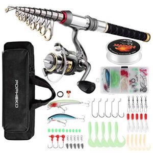 Ein komplettes Angelruten-Set mit Teleskop-Angelrute, Spinnrolle und Zubehör für das Fischen im Süß- oder Salzwasser. Der Set enthält auch eine Angeltasche.