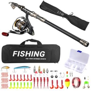 Teleskop Angelrute Set, 2.1m Teleskop Angelrute Spinnrute mit Angeln Rute Rolle Kombi Angelkoeder-Zubehoer Tragetasche fuer Anfanger im Salzwasser und Süßwasser